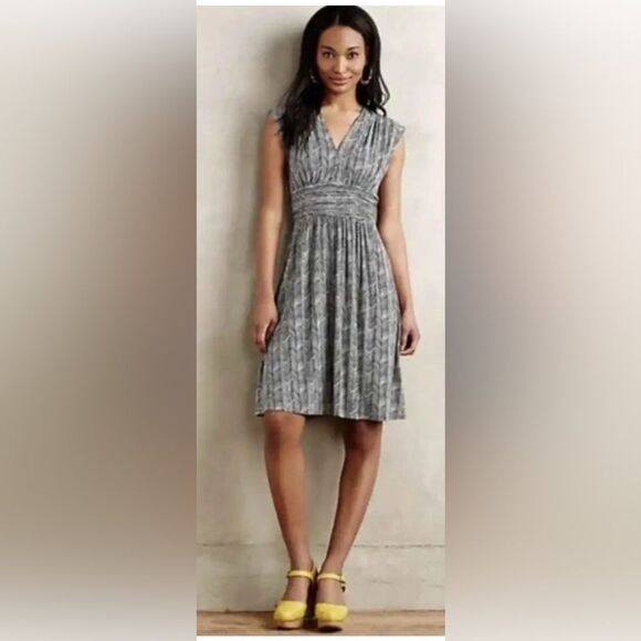 NWT PLENTY BY TRACY REESE SZ XS BLACK WHITE V-NECK HERRINGBONE PRINT FLOWY DRESS - Picture 1 of 9